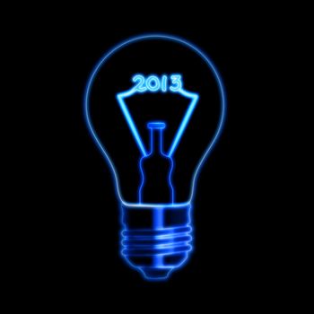 bulb with glowing filament ciphers makes year 2013 over black background