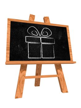 3d isolated blackboard with easel with chalk drawing present box symbol