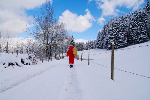 Santa Claus, Father Christmas in a beautiful winter landscape