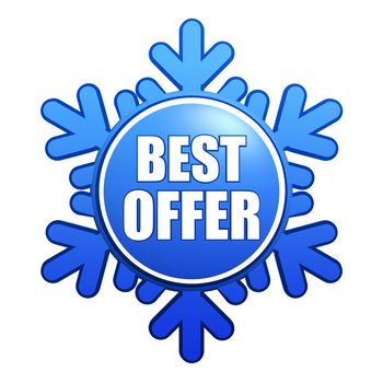 text best offer - advertising label with snowflake like badge, winter concept