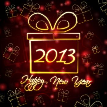 abstract red background card with golden presents boxes and text Happy New Year 2013