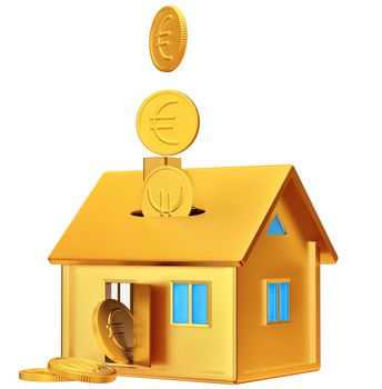 falling down euro coins into a piggy bank in the form of a gilded house as a symbol of the accumulation