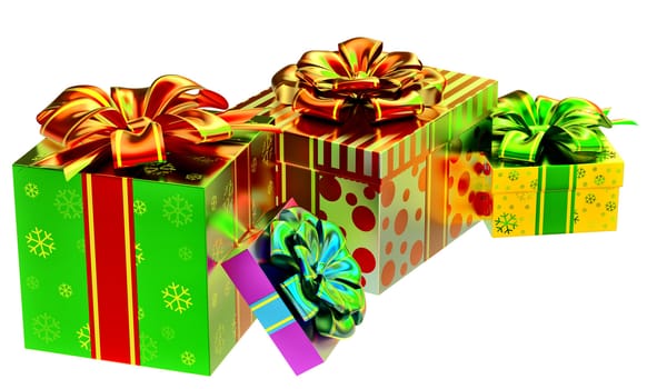 set of pink, yellow, green and white boxes ornamented with the snowflakes and decorated by bows as gifts