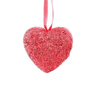 Hanging Christmas heart with silver beads  isolated on white background