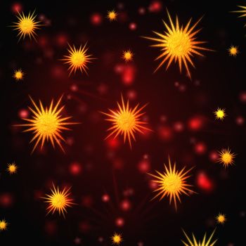 abstract red background with golden stars, christmas tree balls