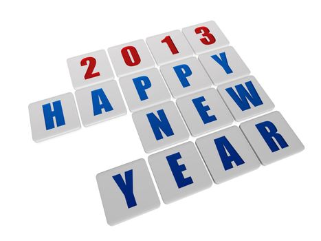 text happy new year 2013 in 3d white tablets with blue and red figures like ciphers and letters