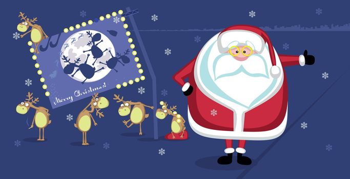 Hitchhiking Santa with reindeers and Christmas billboard. Vector on separate layers