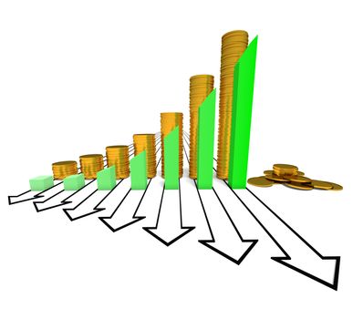 chart and coins isolated over white, green color