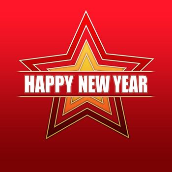 white text Happy New Year in gradient colored stars over red background