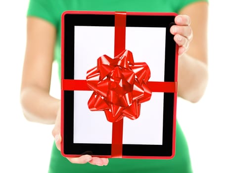 Tablet PC gift. Closeup of woman showing and giving digital tablet computer as present or christmas gift. Pure white background.