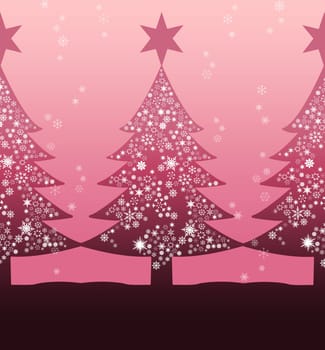 Pink christmas tree with snow background