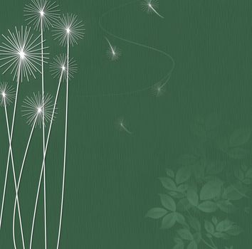 Dark Teal background with white silhouettes of dandelions and floating seeds.