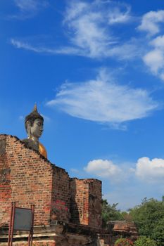 Ancient buddha statue with blue sky at Wat Yai Chai Mongkhol, Ayutthaya, Thailand