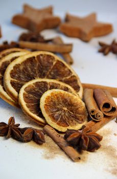 Tea, cinnamon sticks and dry orange