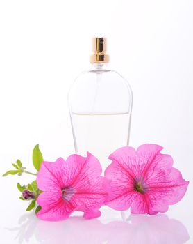 women's perfume in beautiful bottle and flower