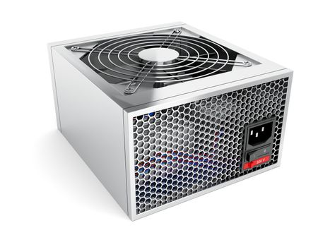 Silver computer power supply on white background