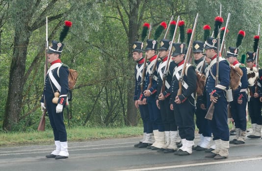 Historical reconstruction.  Soldiers of 9 Light Infantry regiment of Napoleon army at the festival of the Borodino battle