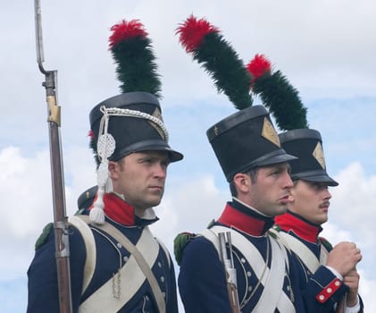 Historical reconstruction.  Soldiers of 9 Light Infantry regiment of Napoleon army at the festival of the Borodino battle