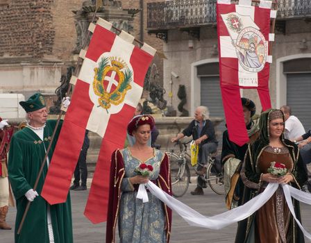 Participants of the National championship of the medieval flag bearers and musicians in Faenza, Italy