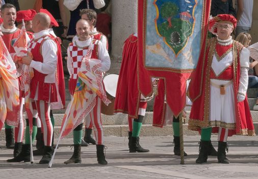 Participants of the National championship of the medieval flag bearers and musicians in Faenza, Italy