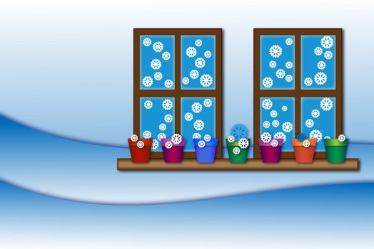 Season Winter background with snowflakes windows and flower pots on the windowsill