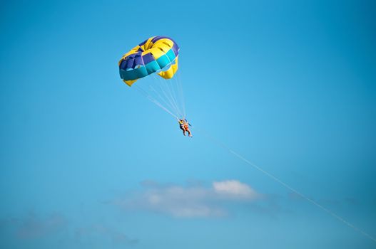 Colorful hang glider in sky over blue sea .