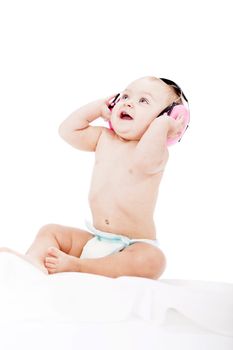 cute little baby with protection earphones isolated on white