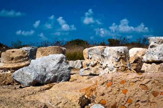 Ruins of old column in Caesarea . Israel .