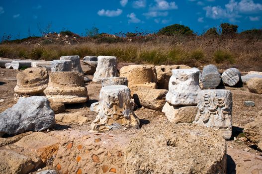 Ruins of old column in Caesarea . Israel .
