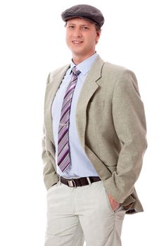 adult man with casual jacket and cap isolated on white