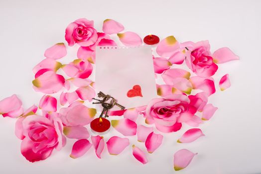 Rose petals surrounding and empty Valentines note