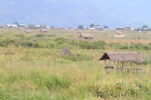 stilt house on lake