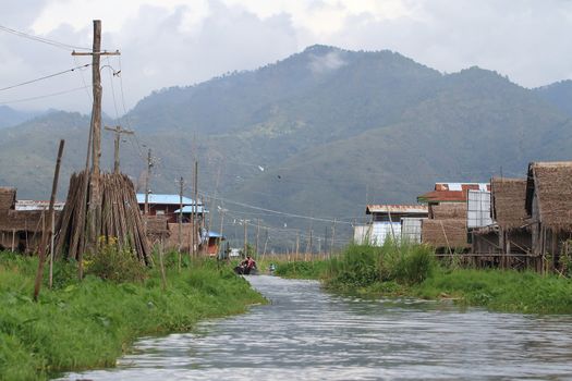 stilt house on lake