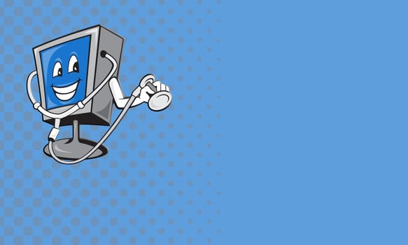 Business card ideal for tv repairman showing illustration of computer tv monitor screen with doctor stethoscope done in cartoon style.