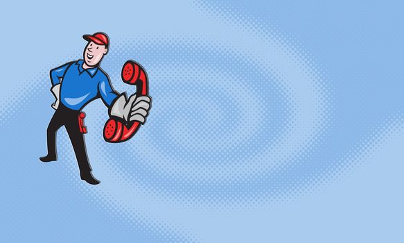 Business card ideal for telephone repairman shoving illustration of telephone repairman worker tradesman holding out phone done in cartoon style on isolated white background