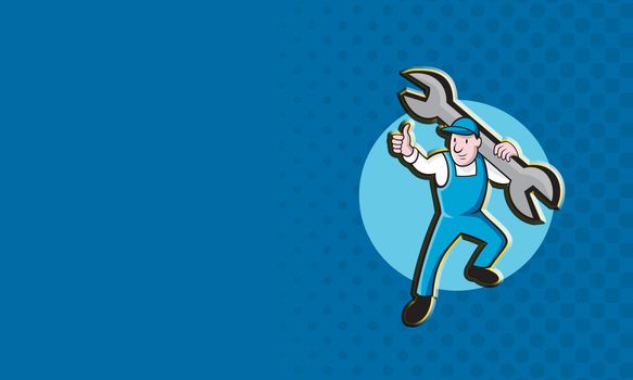Cartoon illustration of a mechanic worker carrying giant spanner wrench holding thumb up on isolated white background business card format