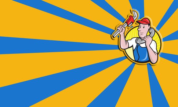 Cartoon illustration of a plumber worker repairman tradesman with adjustable monkey wrench talking on telephone phone set inside circle.
