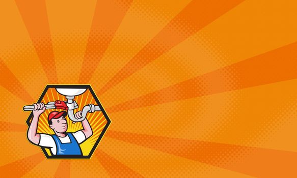 Cartoon illustration of a plumber worker repairman tradesman with adjustable monkey wrench repairing bathroom sink set inside hexagon.