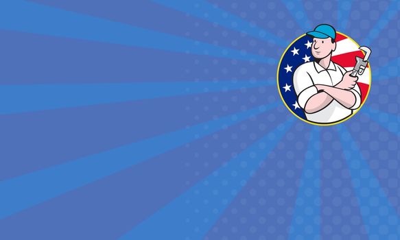 Cartoon illustration of an American plumber worker repairman tradesman with adjustable monkey wrench set inside circle with stars and stripes flag.
