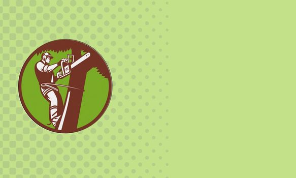 Business card for arborist or tree surgeon showing illustration of a tree surgeon arborist trimmer pruner cutting with chainsaw climbing tree set inside circle done in retro style.