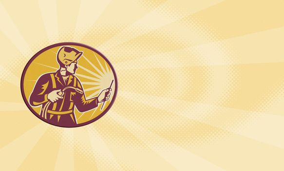 Business card ideal for welder showing illustration of welder worker welding torch viewed from side set inside oval done in retro style.