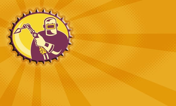 Illustration of a welder worker fabricator with welding torch set inside ellipse  with sunburst in background done in retro style.