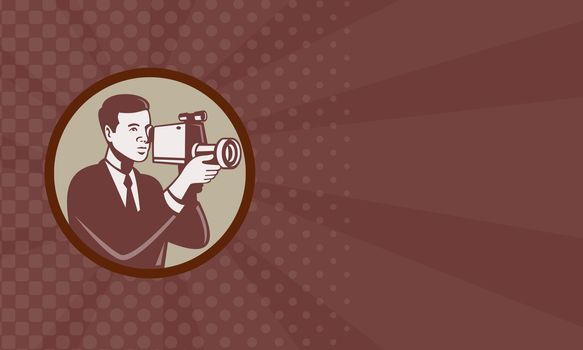  Illustration of a male photographer shooting with video camera handycam video cam done in retro style set inside circle business card format.