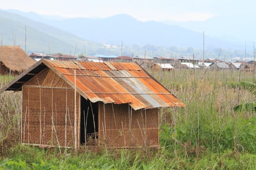 stilt house on lake