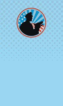 Business card ideal for security agency showing illustration of a policeman security guard with police dog with American stars and stripes set inside circle done in retro style.