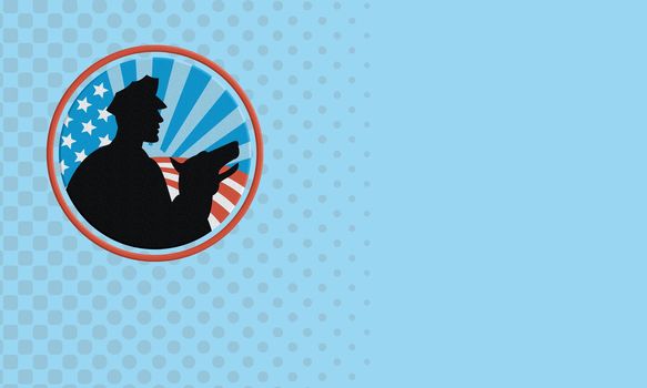 Business card ideal for security agency showing illustration of a policeman security guard with police dog with American stars and stripes set inside circle done in retro style.