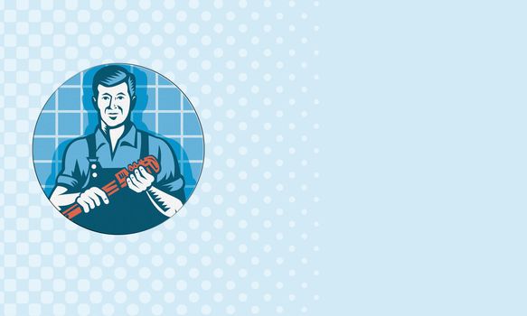 Business card for plumber showing illustration of a plumber worker tradesman holding monkey wrench with tile in background done in retro style.