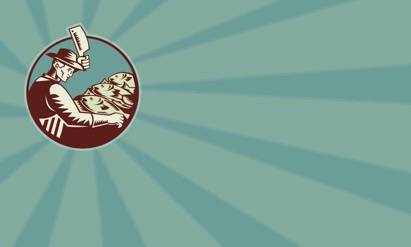 Illustration of a fishmonger butcher with meat cleaver knife chopping fish viewed from side set inside circle done in retro woodcut style.