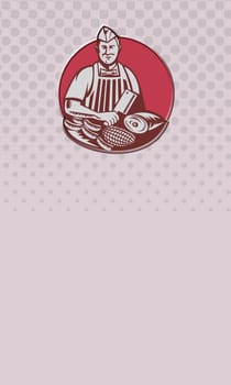 Business card ideal for a butcher showing illustration of a butcher cutter worker with meat cleaver knife facing front set inside circle on isolated background.