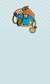 Business card ideal for electrician showing illustration of an electrician construction worker holding an electrical electric plug with cord front view set inside hexagon done in retro style..